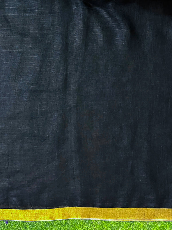 Bhagalpur Handloom Pure Linen Saree With Gold & Silver Stripes-Black