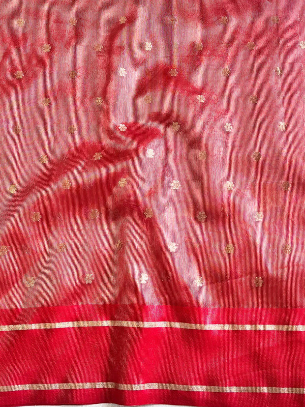 Banarasee Organza Saree With Zari Buti & Satin Border-Red