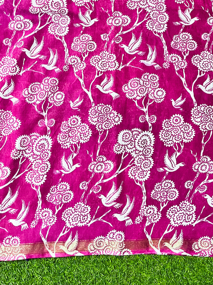 Bhagalpur Cotton Silk Ghichha Work Saree With Madhubani Print-Magenta