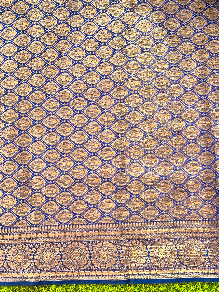Banarasee Handloom Cotton Silk Plain Saree With Antique Zari Border-Blue