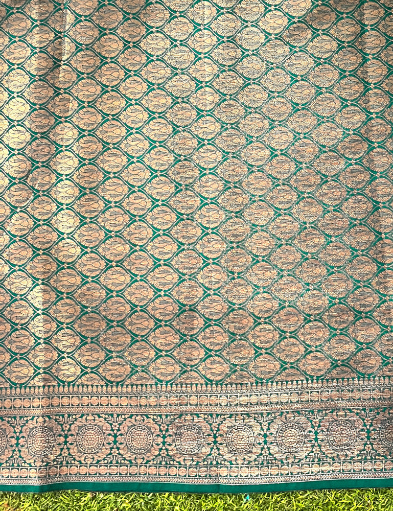 Banarasee Handloom Cotton Silk Plain Saree With Antique Zari Border-Deep Green