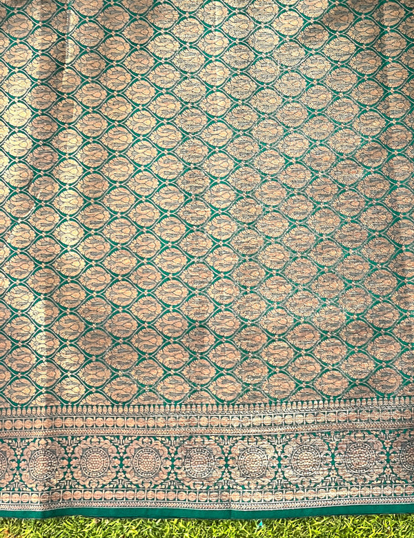 Banarasee Handloom Cotton Silk Plain Saree With Antique Zari Border-Deep Green