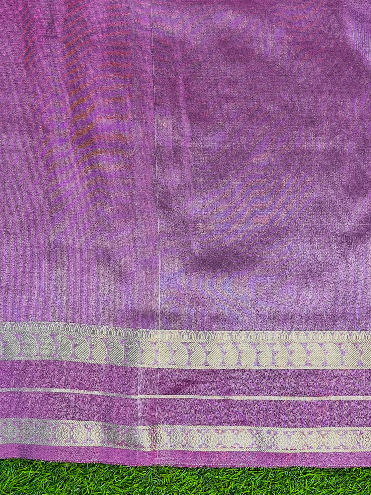 Banarasee Handloom Plain Tissue Saree With Striped Zari Border-Purple