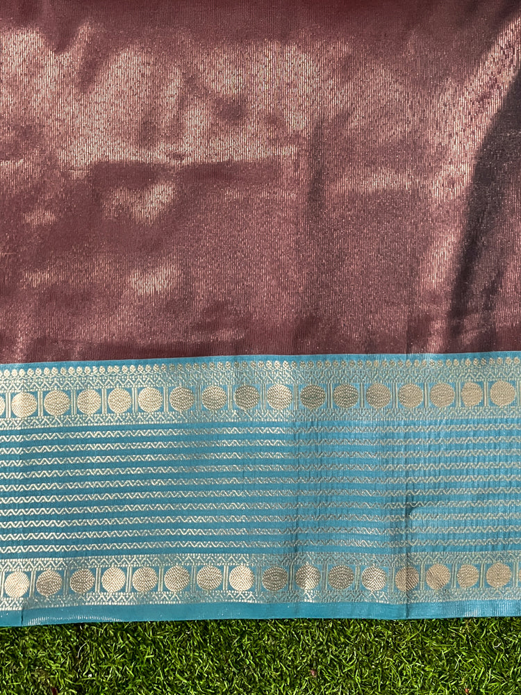 Banarasee Handloom Plain Semi Silk Saree With Contrast Border-Maroon & Blue
