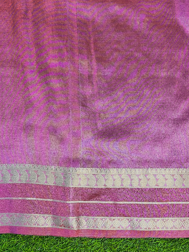 Banarasee Handloom Plain Tissue Saree With Striped Zari Border-Onion Pink