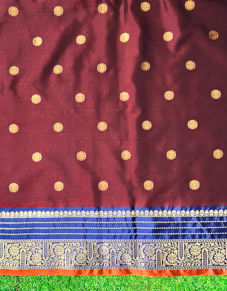 Banarasee Handloom Semi Silk Saree With Buti Design & Contrast Border-Burgundy & Blue