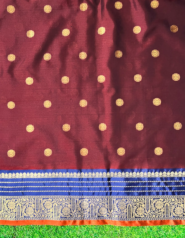 Banarasee Handloom Semi Silk Saree With Buti Design & Contrast Border-Burgundy & Blue