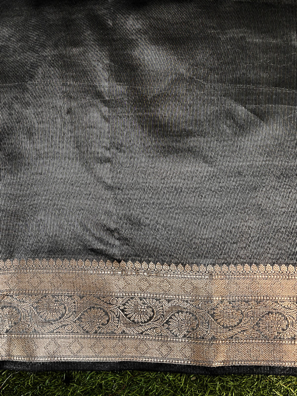 Banarasee Handloom Semi Silk Saree With Buti Design Zari Border & Lace-Black