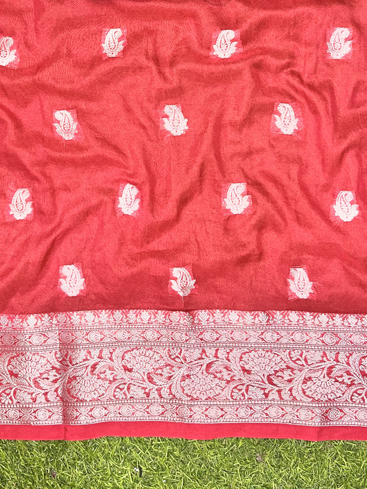 Banarasee Semi Chiffon Saree With Buta Work Silver Zari Border & Lace-Black