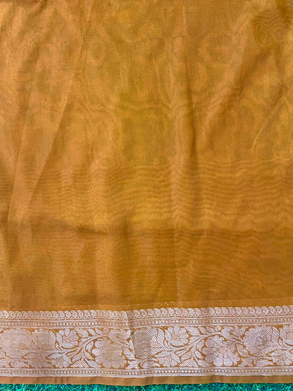 Banarasee Semi Chiffon Saree With Zari Buti Design & Contrast Border-Wine & Mustard Yellow