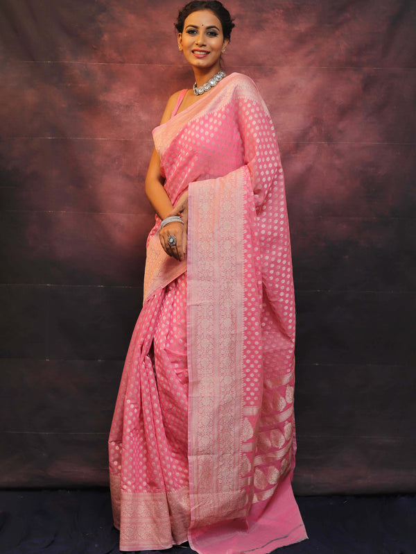 Banarasee Organza Silk Saree With Zari Buti & Border-Pink