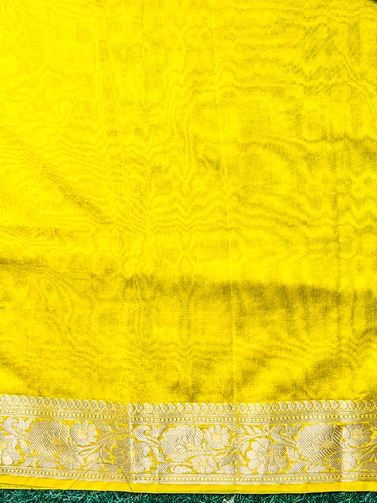 Banarasee Semi Chiffon Saree With Zari Buti Design & Contrast Border-Sky Blue & Yellow
