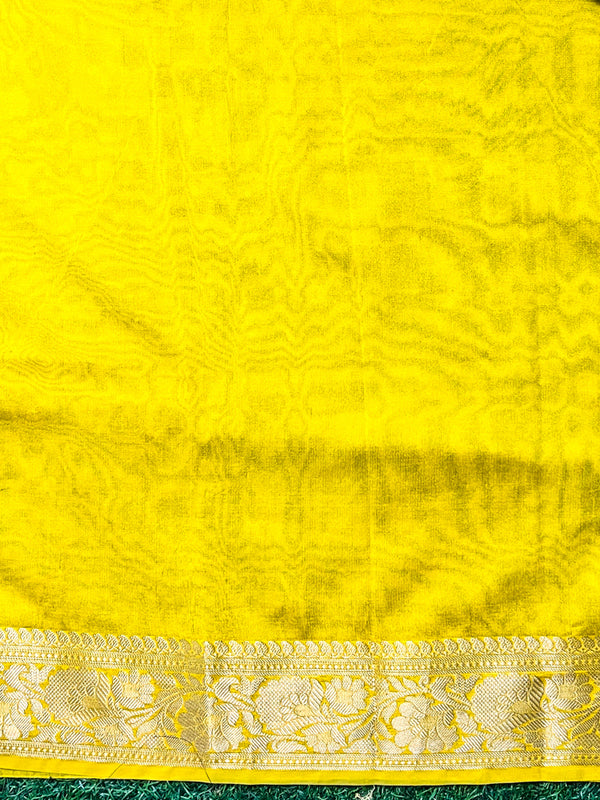 Banarasee Semi Chiffon Saree With Zari Buti Design & Contrast Border-Sky Blue & Yellow