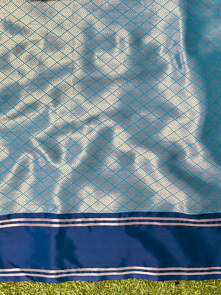 Banarasee Handloom Semi Silk Saree With Zari Design & Contrast Border-Blue