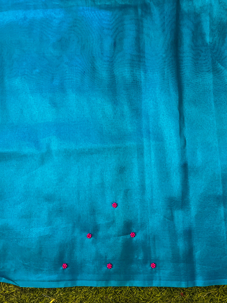 Banarasee Handwoven Tissue Saree With Handwoven Pearl Motifs-Blue