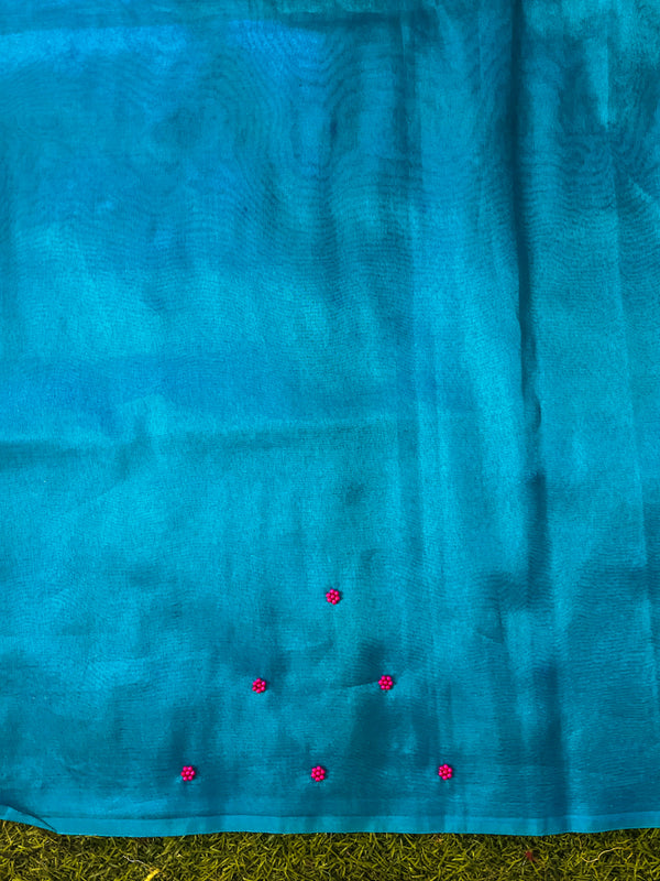 Banarasee Handwoven Tissue Saree With Handwoven Pearl Motifs-Blue