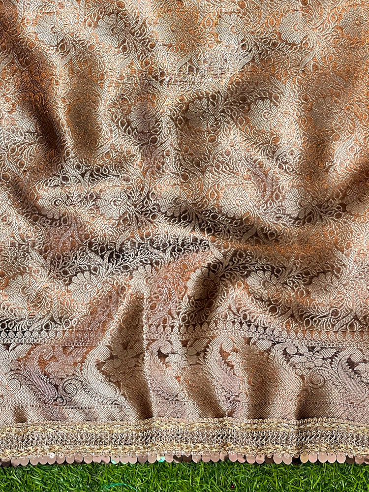 Banarasee Handloom Tissue Saree With Buta Design Zari Border & Lace-Brown