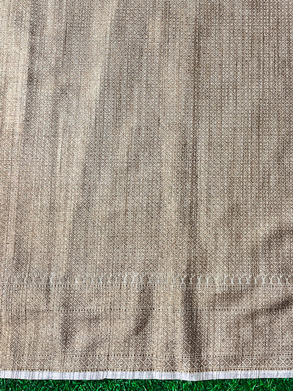 Banarasee Handloom Cotton Silk Saree With Antique Zari Buta Work & Border-Grey