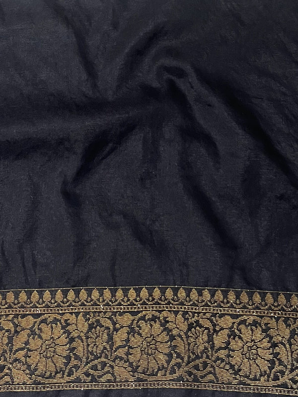 Banarasee Semi-Chiffon Saree With Antique Gold Zari Work-Black