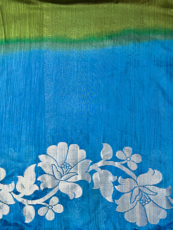 Banarasee Handloom Dual Color Cotton Silk Saree With Floral Zari Border & Lace-Blue & Green