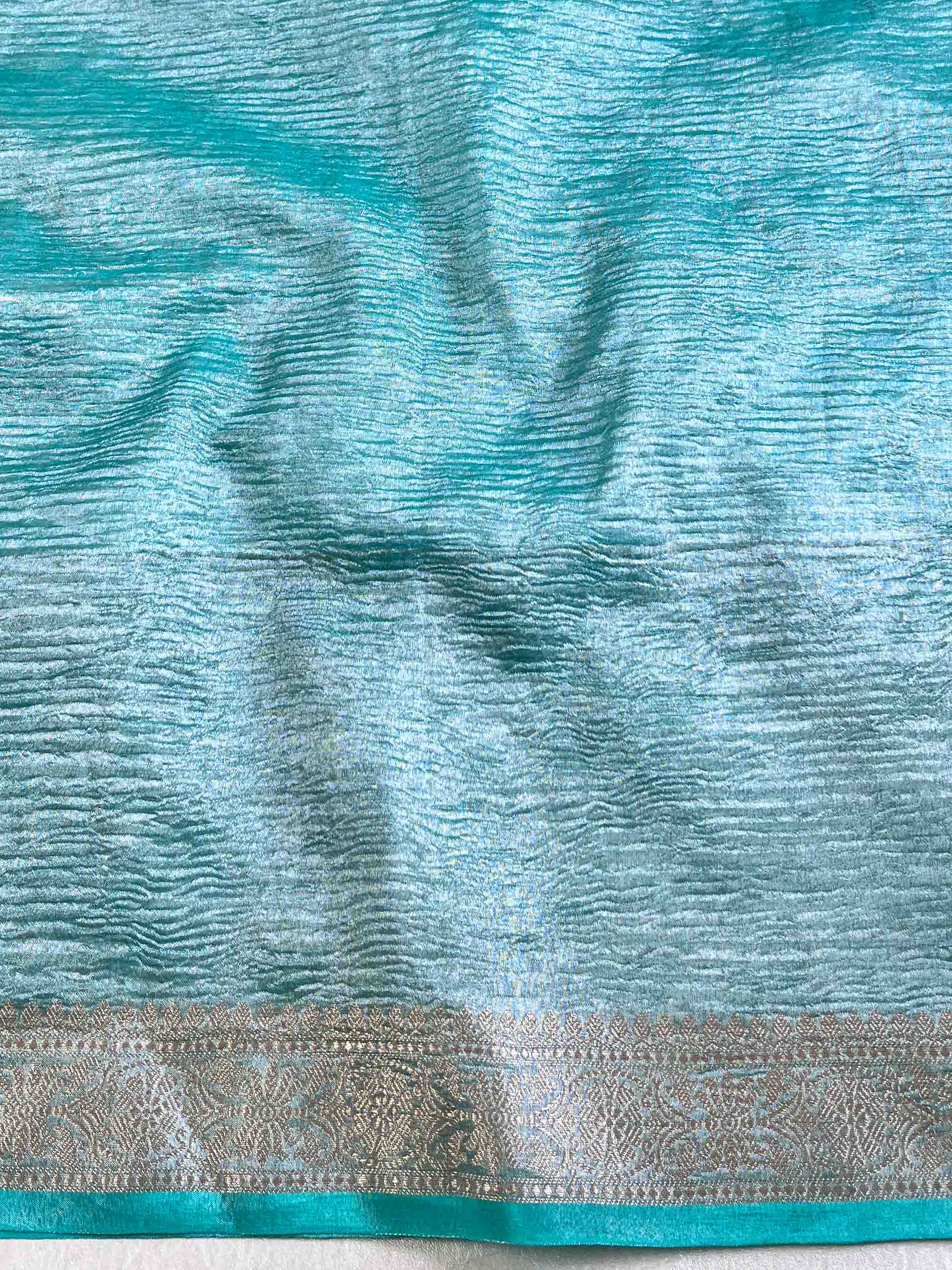 Banarasee Handwoven Crushed Tissue Saree-Blue