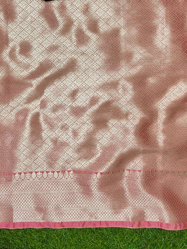 Banarasee Handloom Semi Silk With Zari Buta Work & Contrast Border-Black & Light Pink