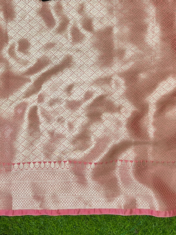 Banarasee Handloom Semi Silk With Zari Buta Work & Contrast Border-Black & Light Pink