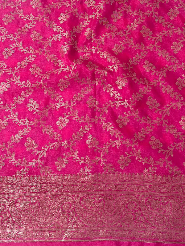 Banarasee Handwoven Semi Silk Plain Saree With Zari Contrast Border-Magenta & Pink