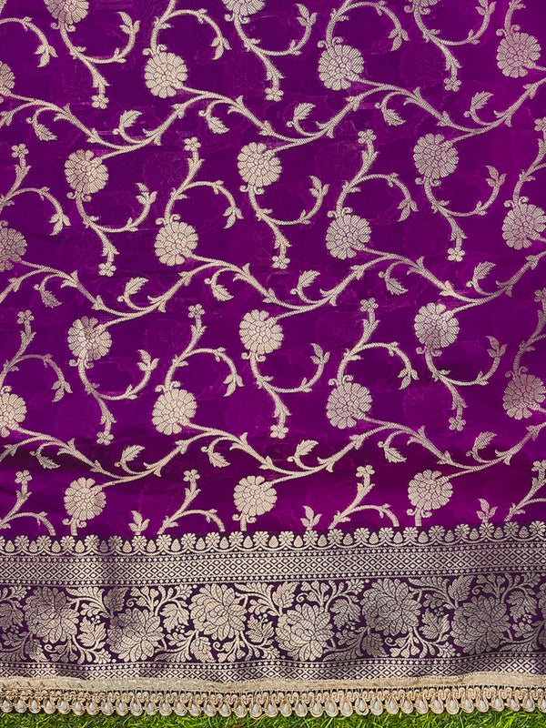 Banarasee Handloom Semi Silk Plain Saree With Zari Border & Lace-Violet