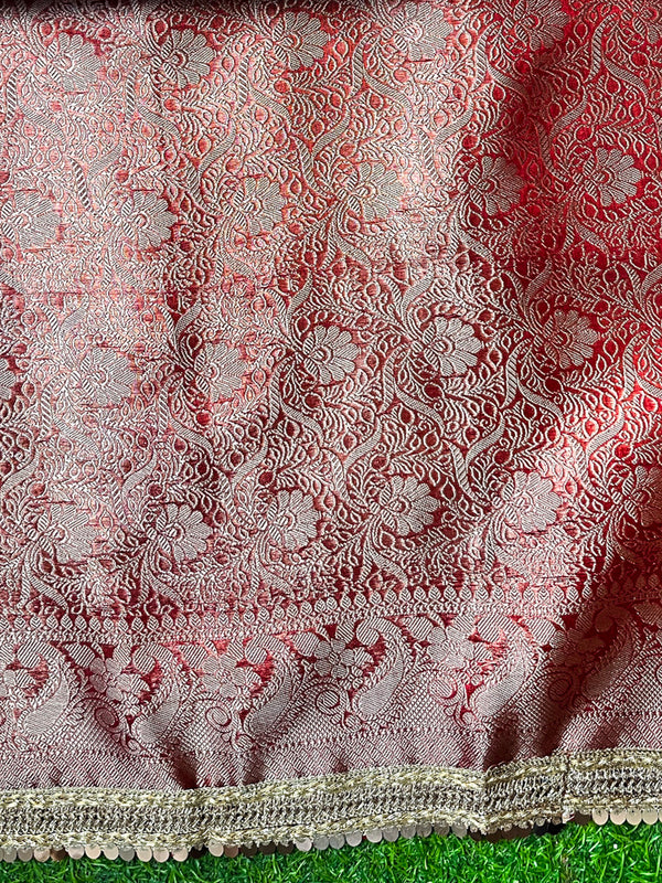 Banarasee Tissue Hand Embroidered Mirror Work Saree-Deep Red