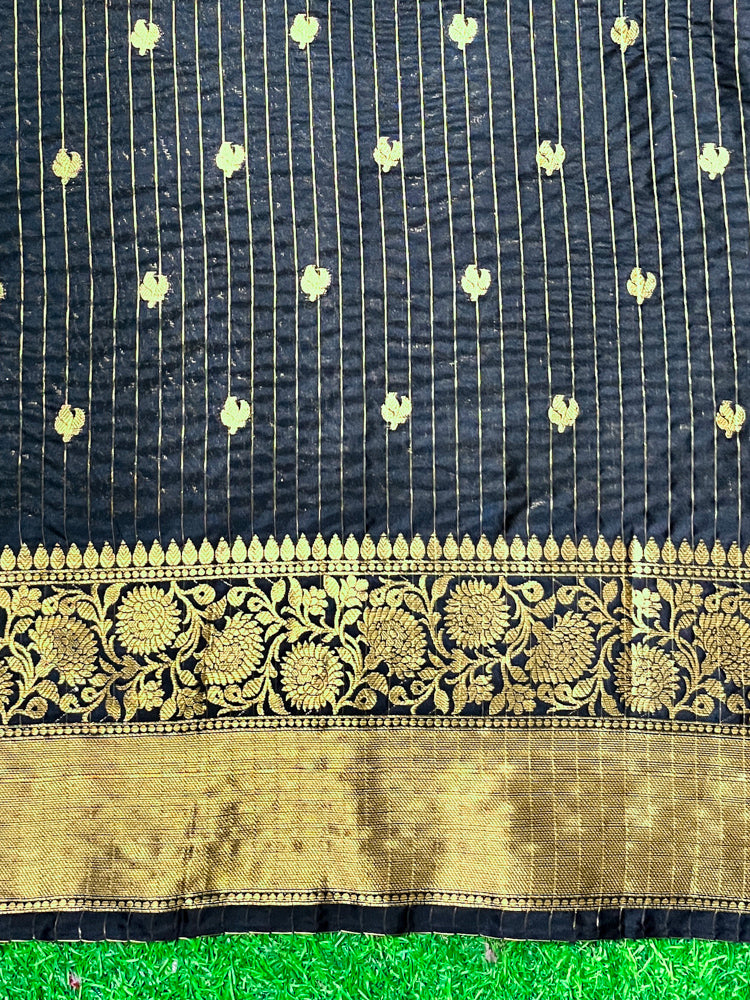 Banarasee Handloom Semi Silk Tissue Saree With Zari Design & Broad Border-Black & Yellow
