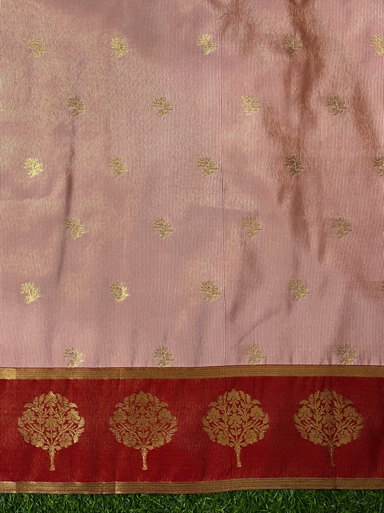 Banarasee Handloom Semi Silk Saree With Buti Design & Contrast Border-White & Maroon