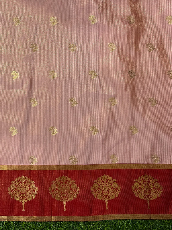 Banarasee Handloom Semi Silk Saree With Buti Design & Contrast Border-White & Maroon