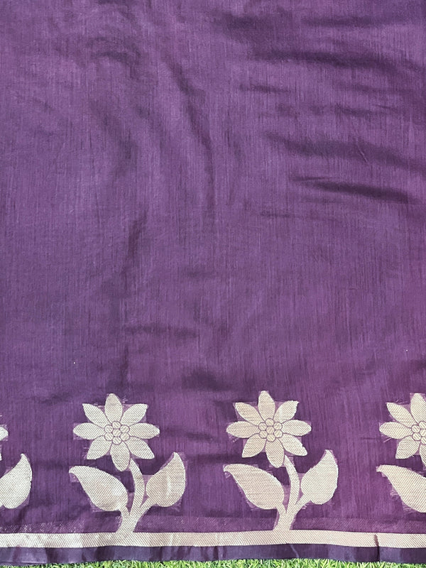 Banarasee Handloom Cotton Silk Plain Saree With Floral Zari Border-Violet