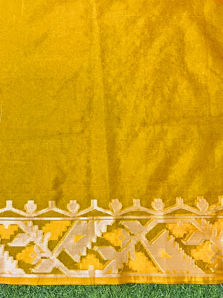 Banarasee Organza Mix Saree With Zari Work & Contrast Border-Red & Yellow