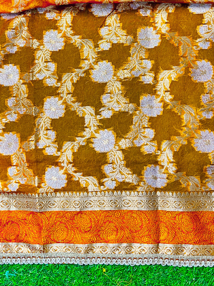 Banarasee Handloom Plain Tissue Saree With Zari Resham Woven Border & Lace-Orange