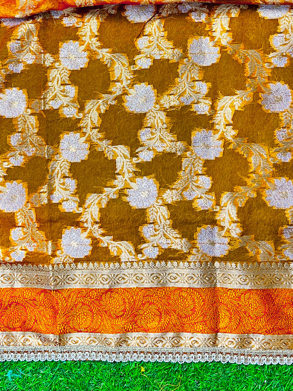 Banarasee Handloom Plain Tissue Saree With Zari Resham Woven Border & Lace-Orange