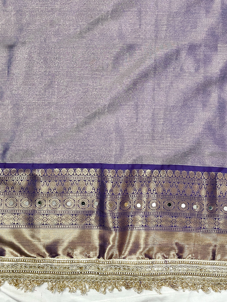 Banarasee Tissue Hand Embroidered Mirror Work Saree With Digital Prints & Lace-Cream & Violet