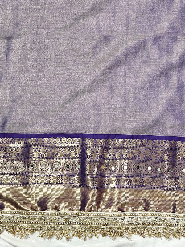 Banarasee Tissue Hand Embroidered Mirror Work Saree With Digital Prints & Lace-Cream & Violet