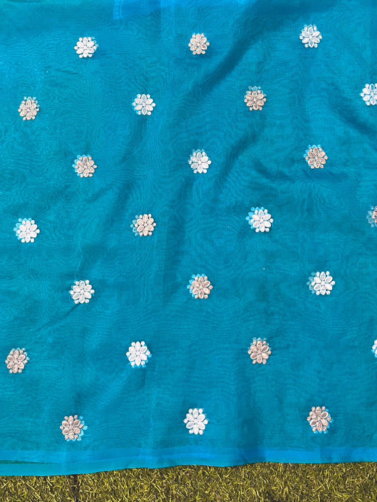Banarasee Handloom Organza Saree With Resham Zari Work & Scallop Border-Sky Blue