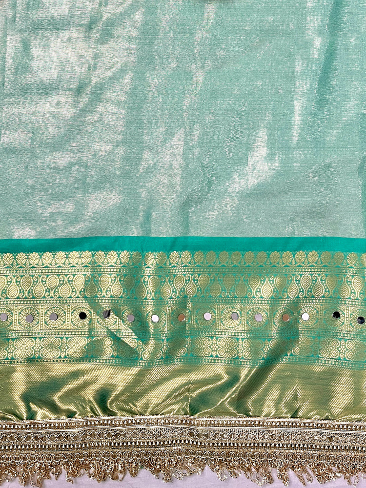 Banarasee Tissue Hand Embroidered Mirror Work Saree With Digital Prints & Lace-Cream & Green