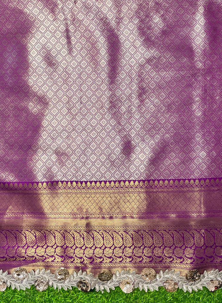 Banarasee Handloom Dual Tone Tissue Saree With Zari Weaving Floral Work & Lace Border-Green & Violet