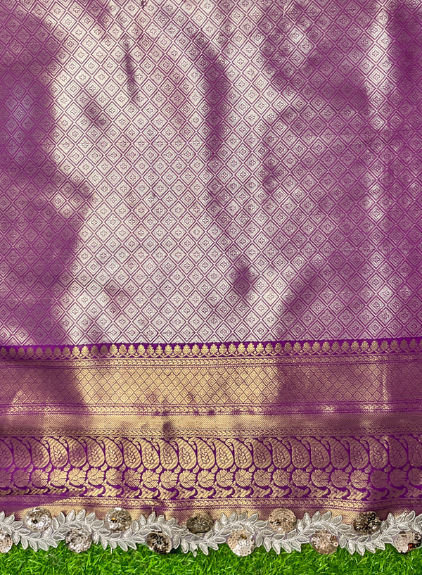 Banarasee Handloom Dual Tone Tissue Saree With Zari Weaving Floral Work & Lace Border-Green & Violet