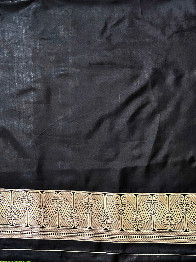 Banarasee Handwoven Katan Saree With Meenadar Floral Design & Border-Black