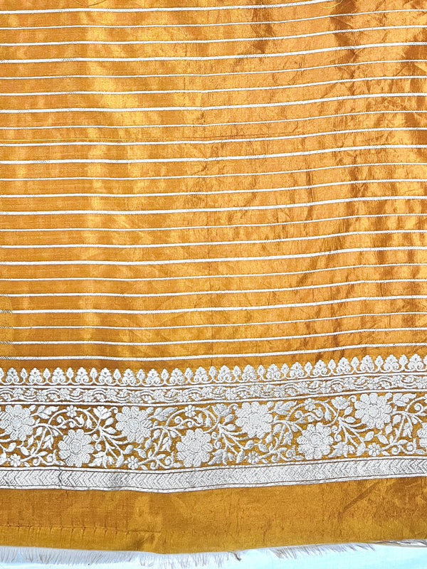 Banarasee Handloom Soft Silk Saree With Zari Buti Design Floral Border & Lace-Yellow
