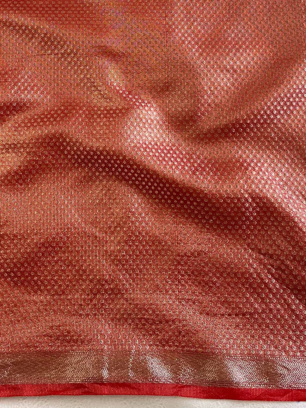 Banarasee Handwoven Plain Tissue Saree With Zari Border-Red
