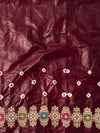 Banarasee Handwoven Semi Silk Bandhej Saree With Broad Zari Floral Border-Maroon & Pink