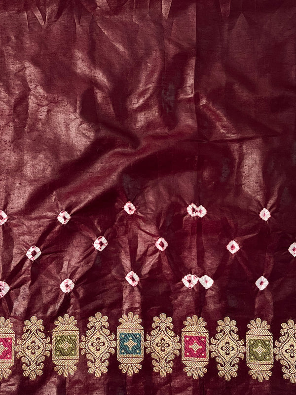 Banarasee Handwoven Semi Silk Bandhej Saree With Broad Zari Floral Border-Maroon & Pink