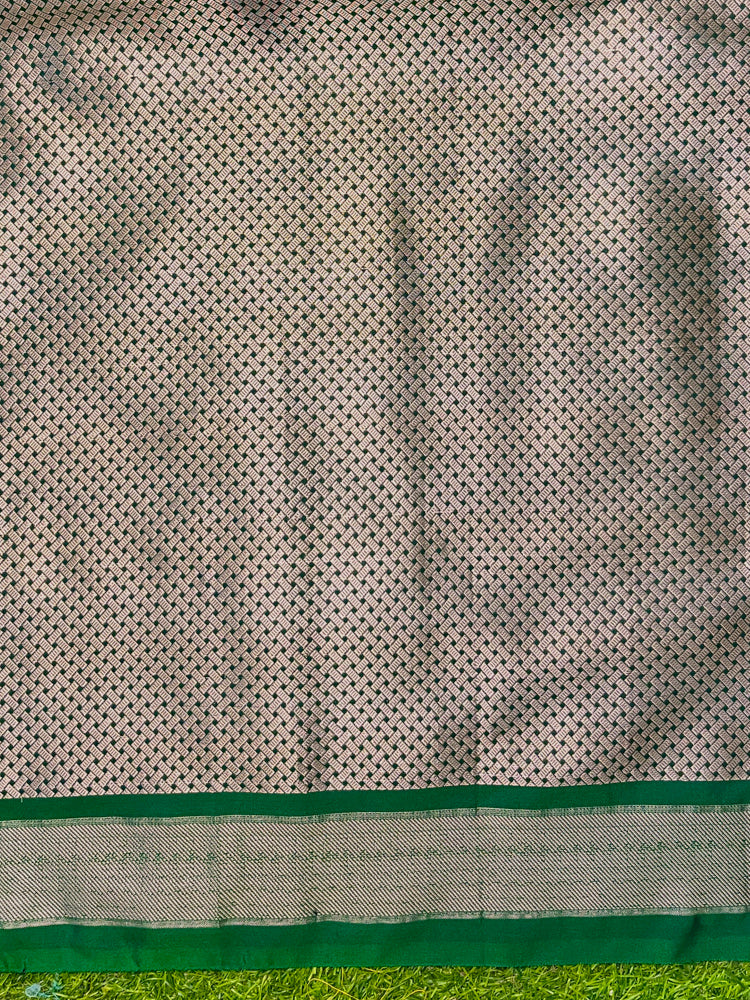 Banarasee Handloom Semi Silk Saree With Sona Rupa Zari Buti Design & Floral Border-Deep Green