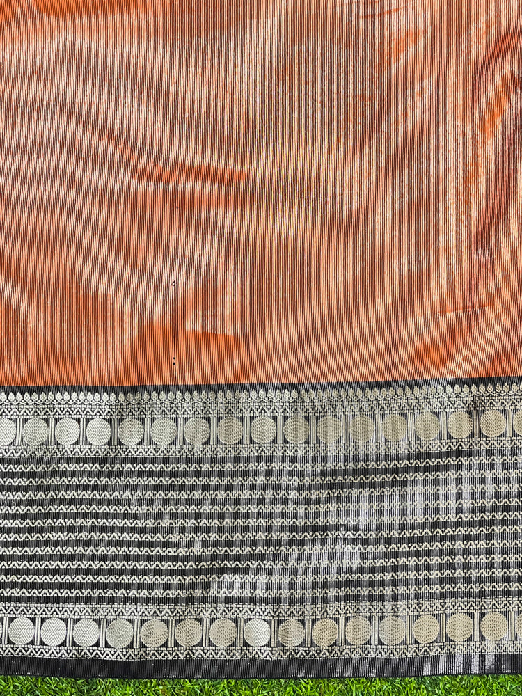 Banarasee Handloom Plain Semi Silk Saree With Contrast Border-Rust Orange